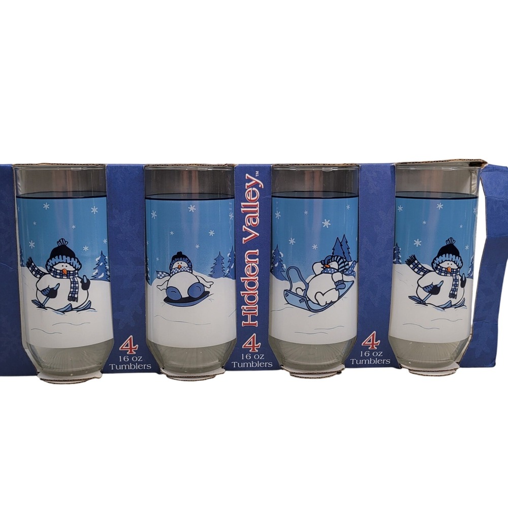 Hidden Valley Snowman Tumblers 16oz Blue Set of 4 Winter Water Glass